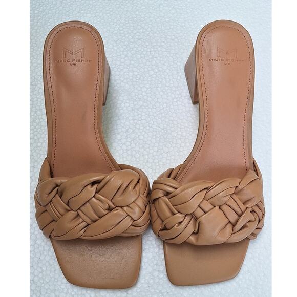 Marc Fisher Cerita Woven Quilted Square toe Block Heel Tan Leather Sandals 8.5 - Picture 2 of 10